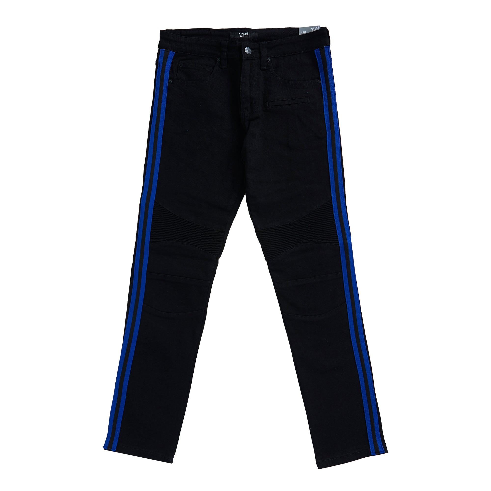 Premium Striped Moto Jean Pants (Black/Royal Blue)