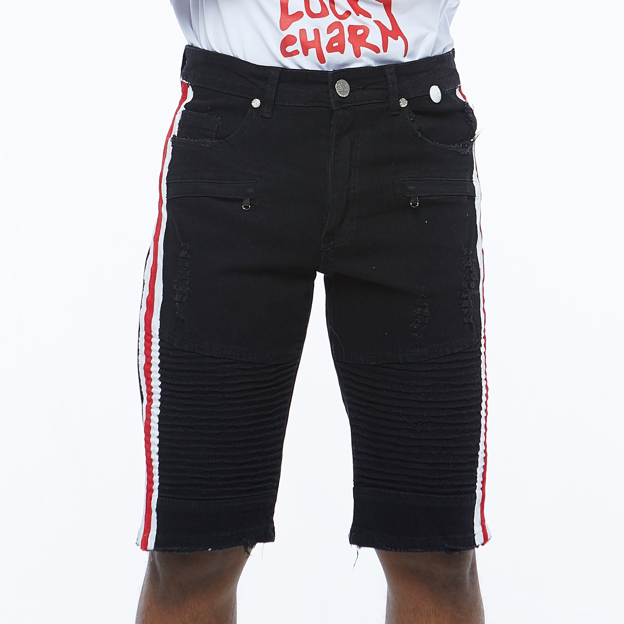 Premium Striped Moto Shorts (Black/White/Red)