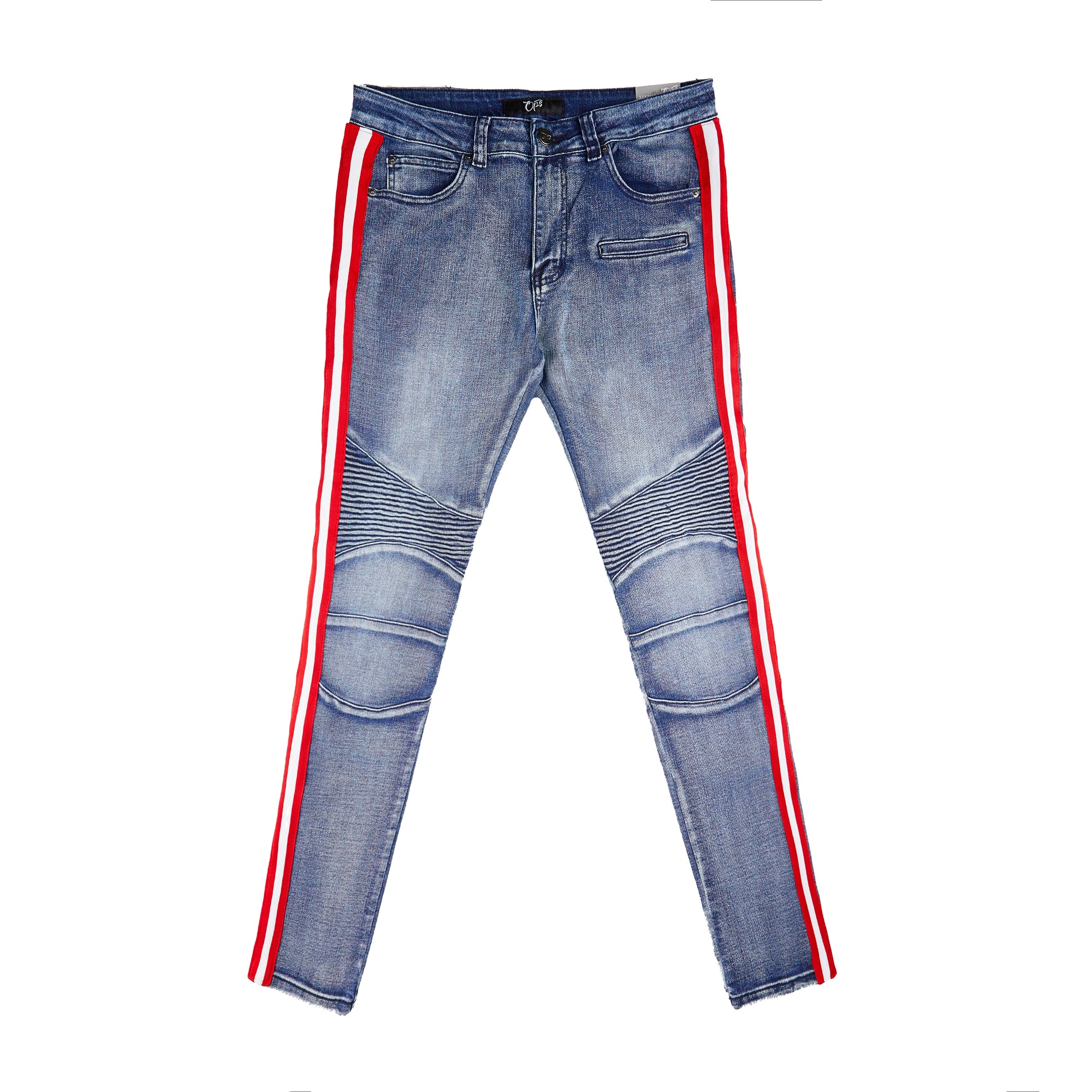 Premium Striped Moto Jean Pants (Md Blue/Red)