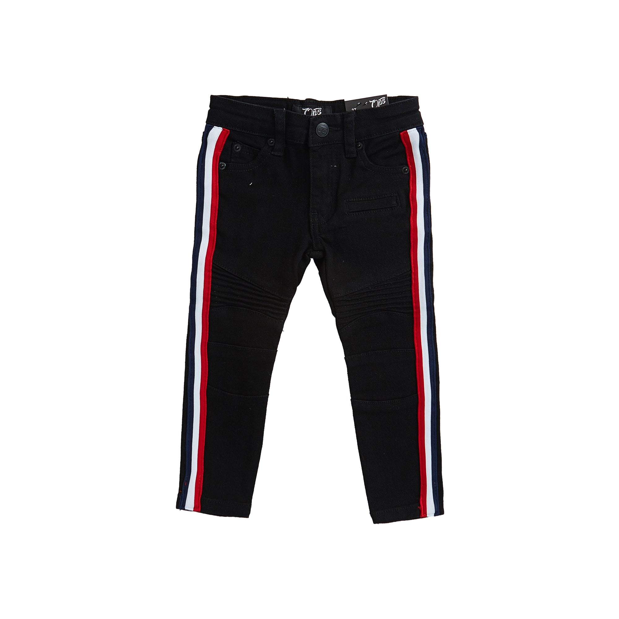 Premium Striped Moto Jean Pants (Black/Red/Navy)