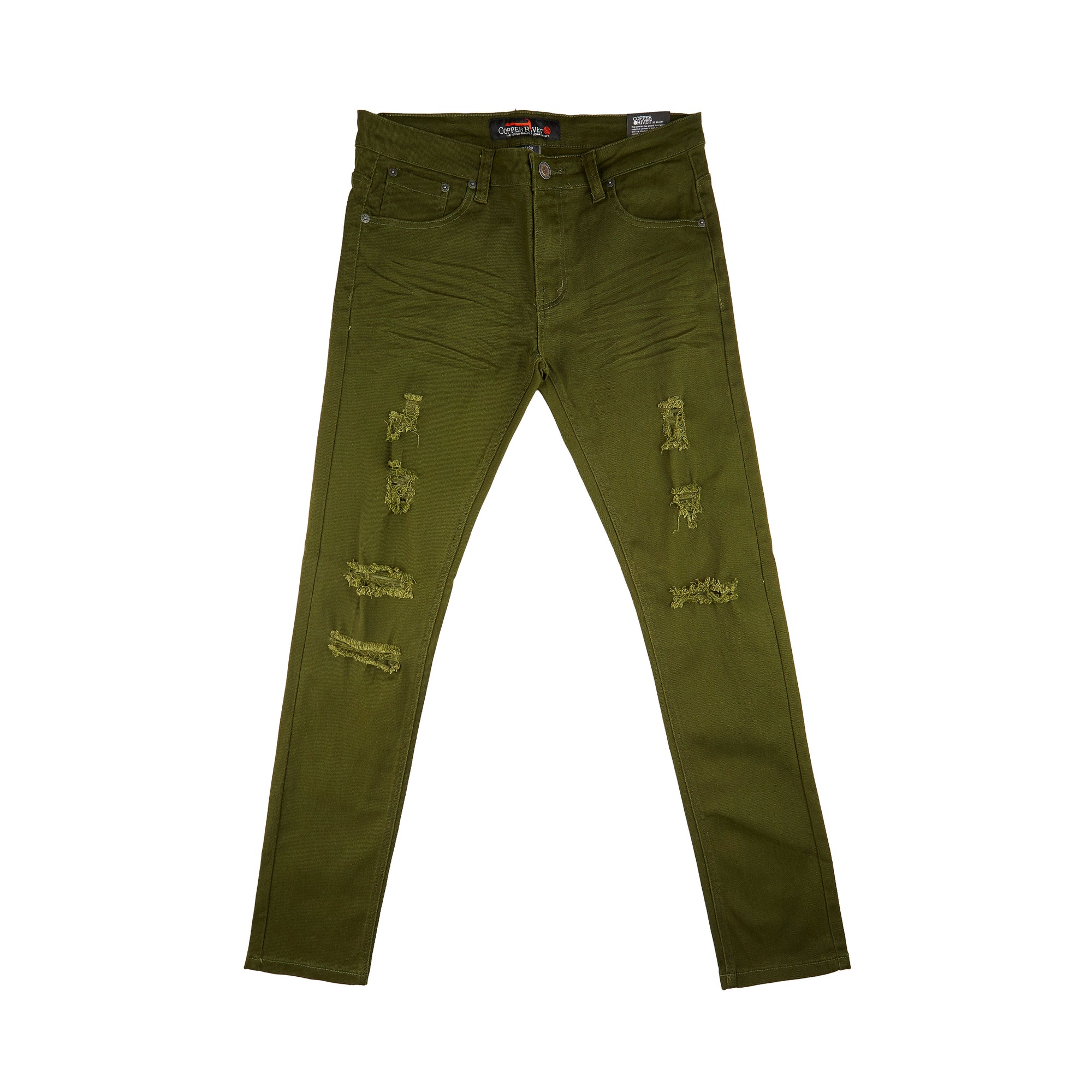 Basic Twill Ripped Jean Pants (Olive)